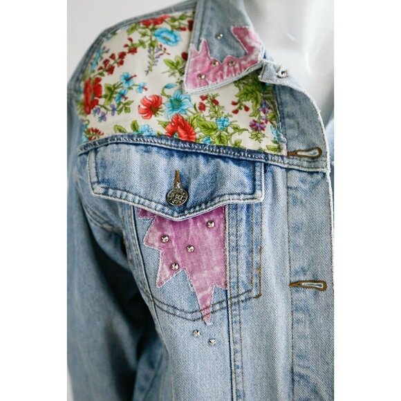 Vintage Oakoa Blue Patchwork Colourful  Light Wash Denim Cropped Jacket - Picture 5 of 8